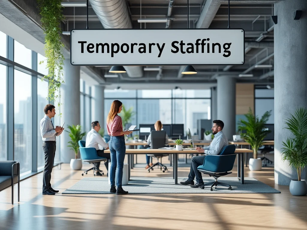 Modern office with people working under a 'Temporary Staffing' sign, featuring large windows and indoor plants.